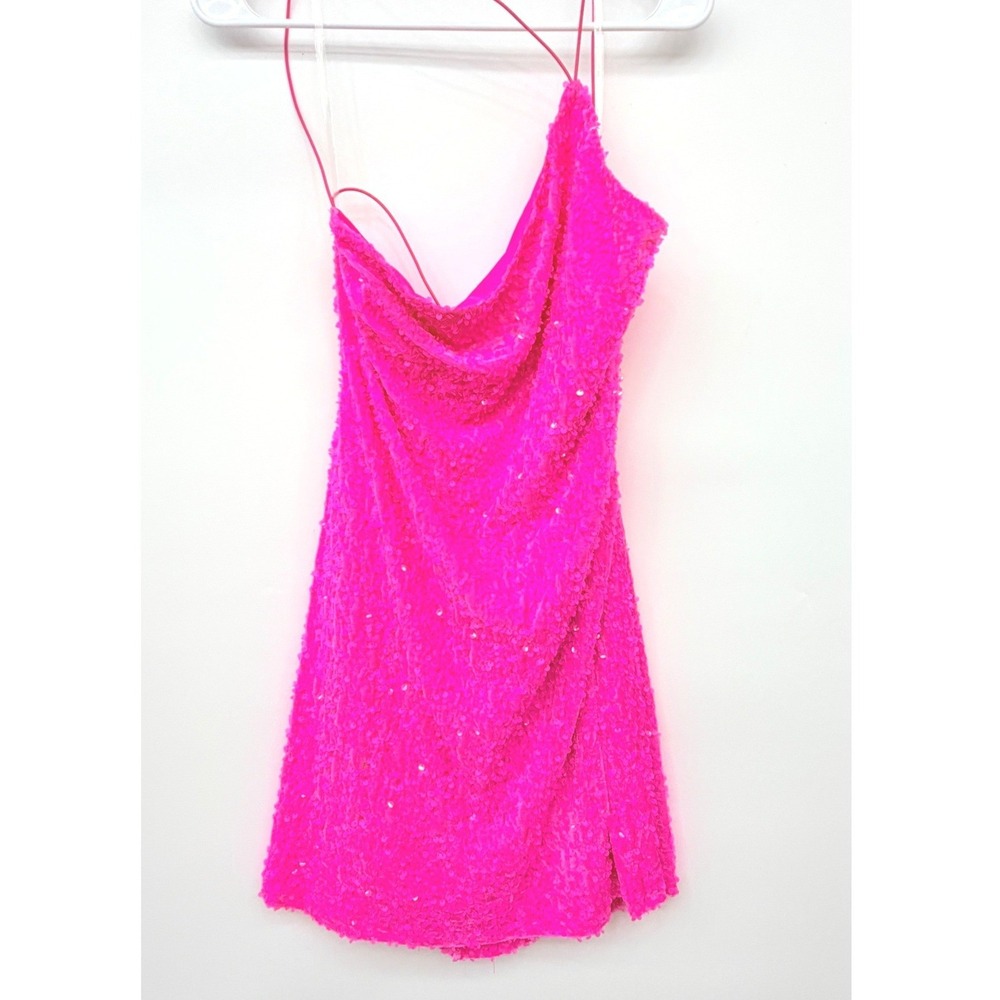 Crystal Doll Sequin Mini Dress Neon Pink Cowl Neck Party Womens XL Hot Pink